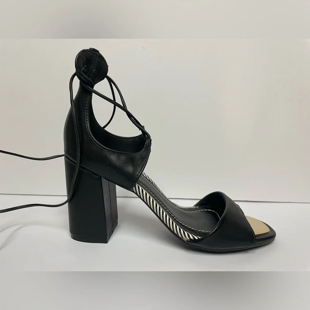 French blu vegan sandals block Heel lace up black gold 6